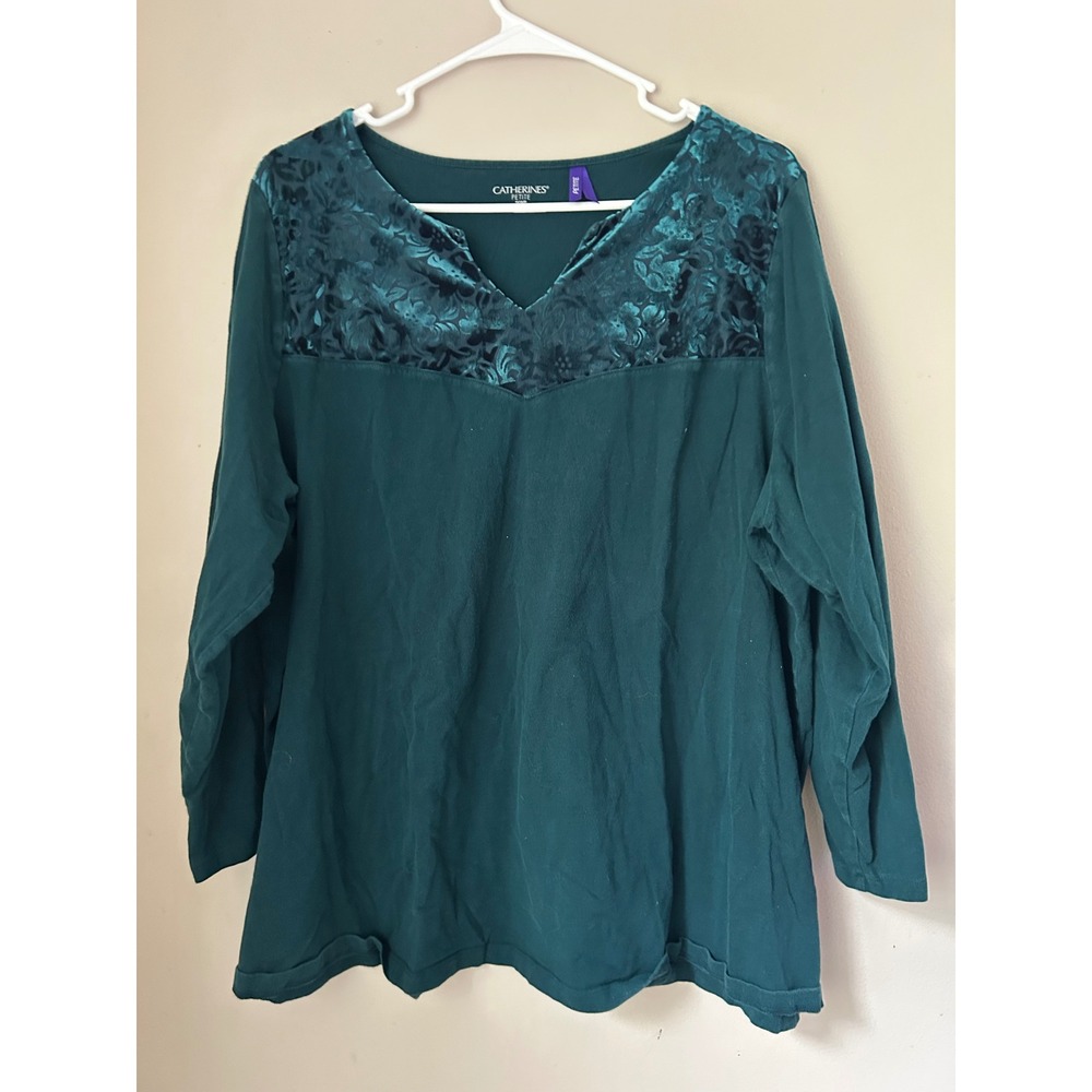 Catherines Petite Plus Size‎ Top 1X 18/20WP Green Velvet Floral  Blouse